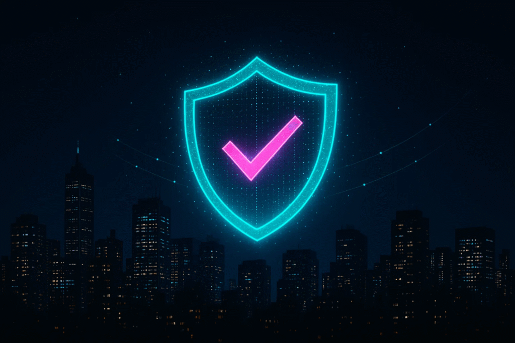 Cybersecurity visualized as a protective shield securing enterprise growth and reputation.