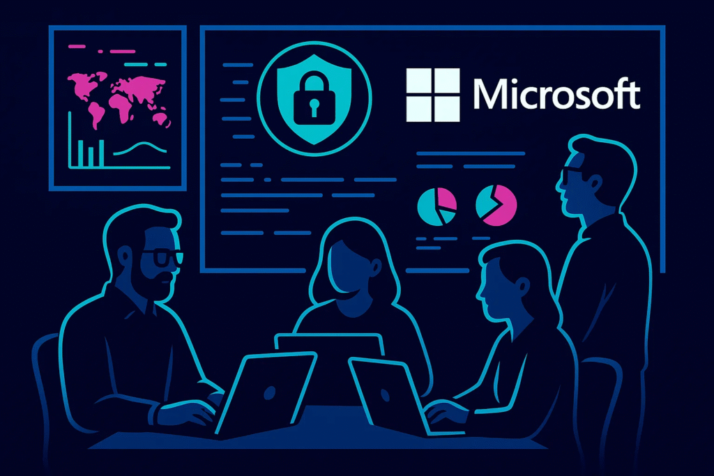 Security operations center team monitoring Azure tenant activity for anomalous sign-ins and threat alerts.