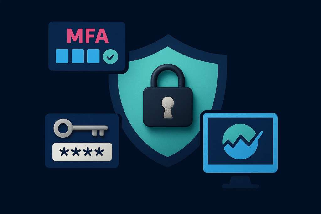 Security shield surrounded by best practices including MFA, password manager, and breach monitoring.