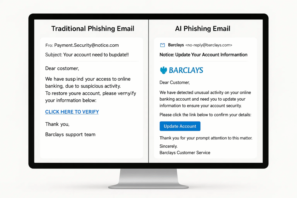 Side-to-side comparison of traditional vs AI email phishing scams