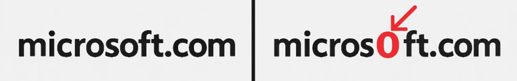Side-by-side text: “microsoft.com” vs. “micros0ft.com” with the zero highlighted