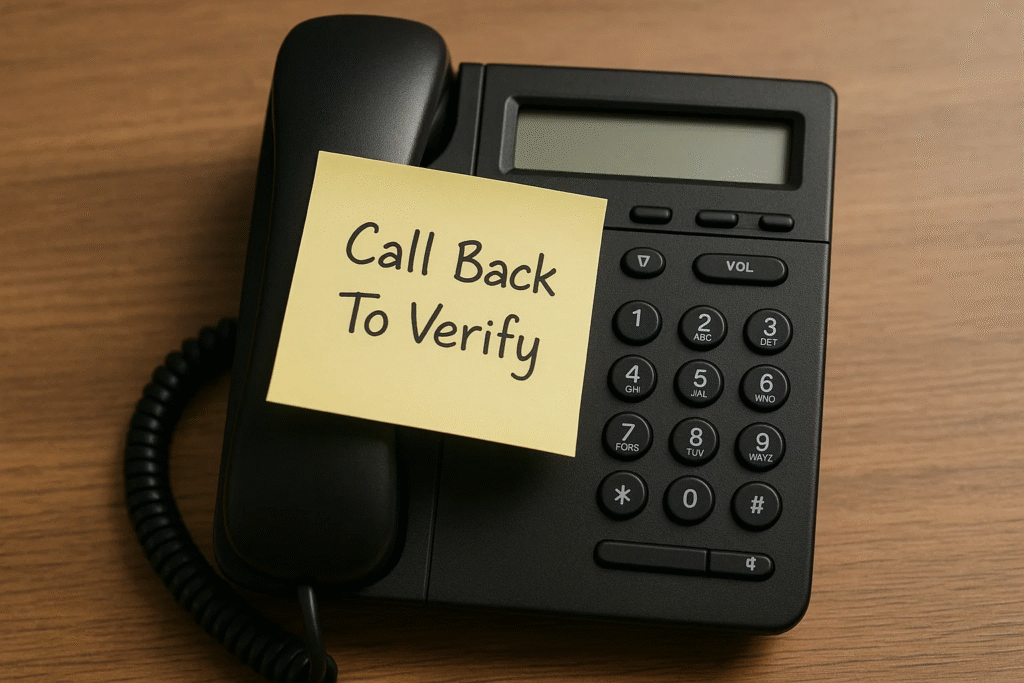 Desk phone + post-it “Call Back to Verify”