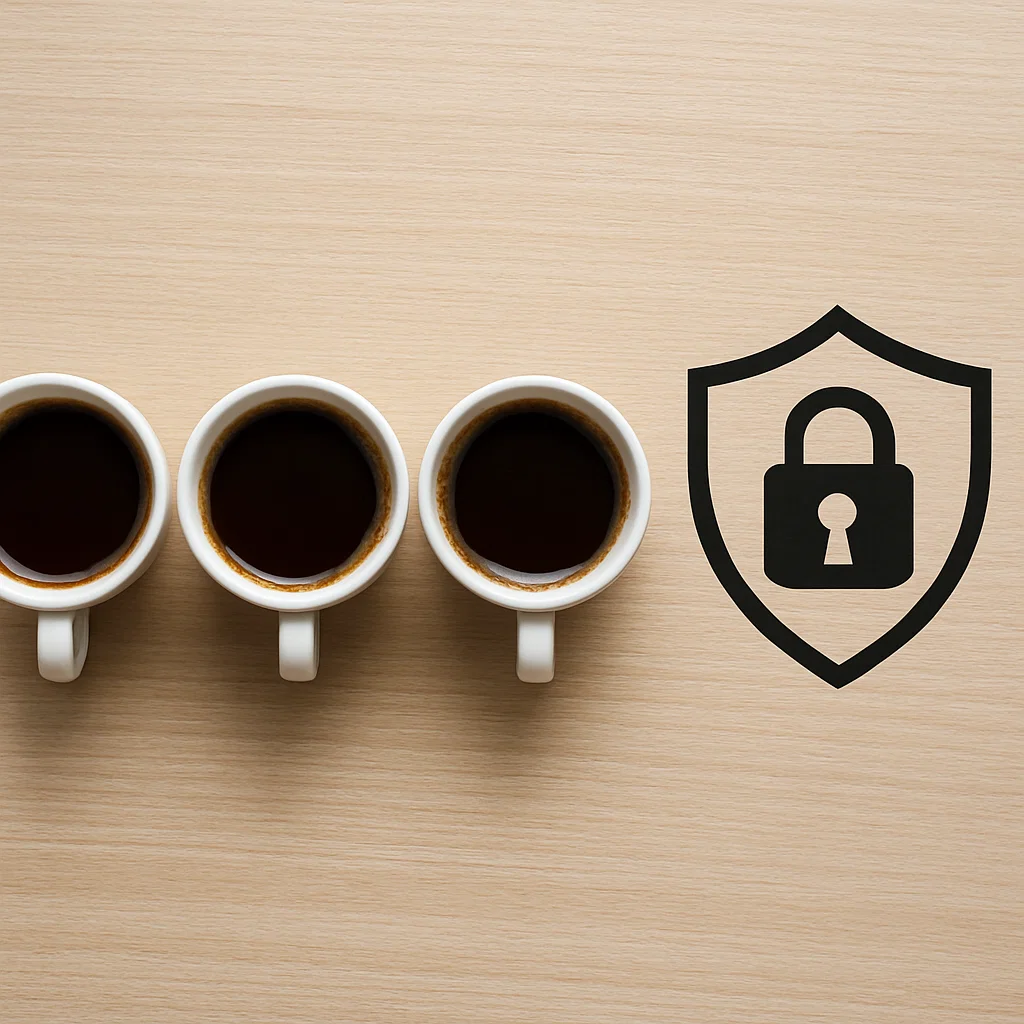 coffee cups lined up next to a shield icon representing cost trade-off