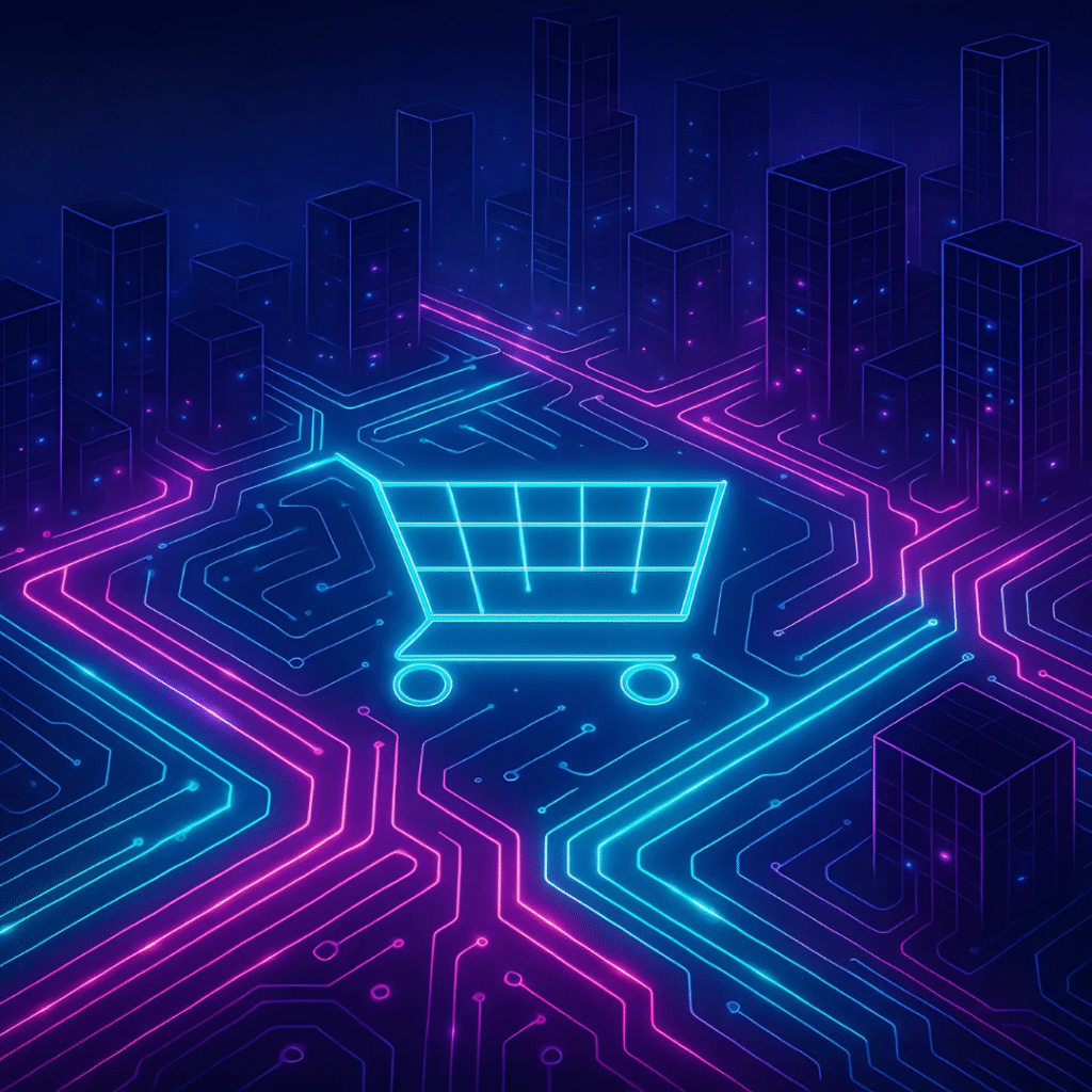 Ville cyberpunk faite de circuits néon formant la silhouette d’un panier d’achats.