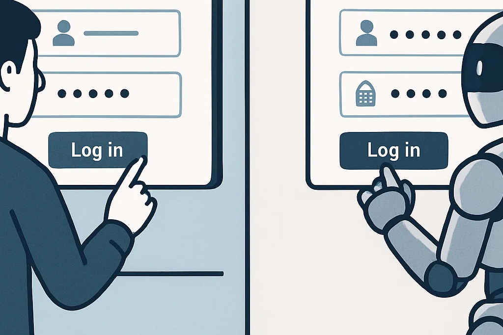 Visual representation of humans and AI agents login into systems. 