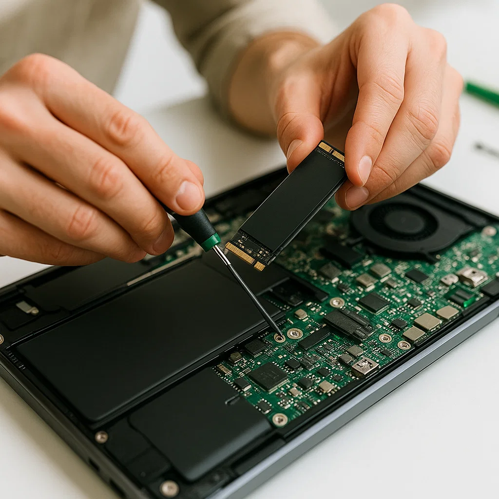 Technician replacing a laptop component to extend device life and reduce e-waste.