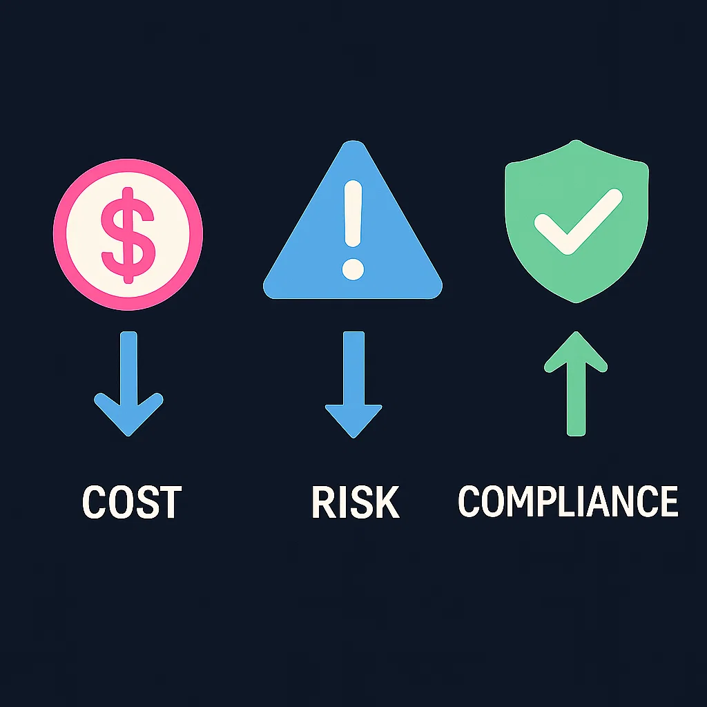 Icons showing reduced cost, lower risk, and stronger compliance/brand from sustainable IT