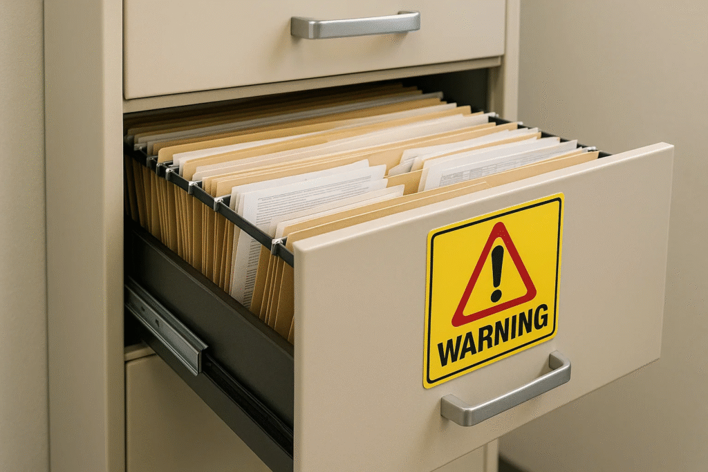 Open file cabinet drawer exposing documents in an office.