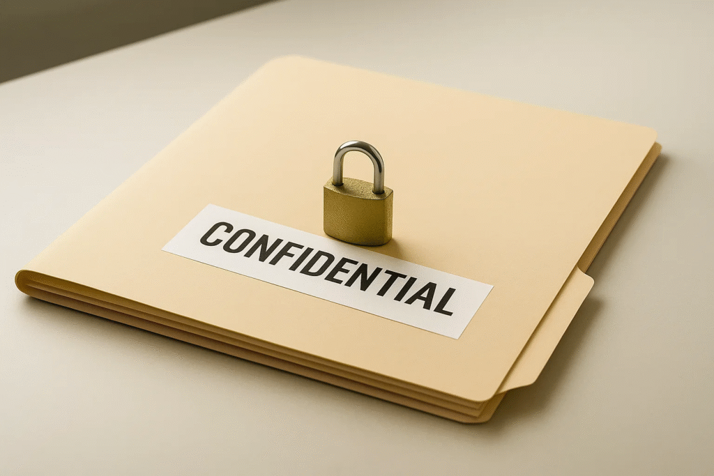 Locked manila folder labelled Confidential on a desk representing the importance of the data layer