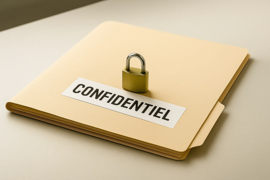 Chemise cartonnée manille verrouillée, étiquette « Confidentiel », sur un bureau — pour illustrer l’importance de la couche données.