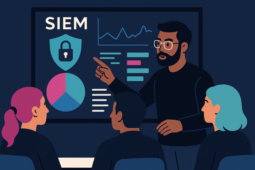 Ingénieur en sécurité faisant un briefing à l’équipe sur les informations d’un tableau de bord SIEM unifié.