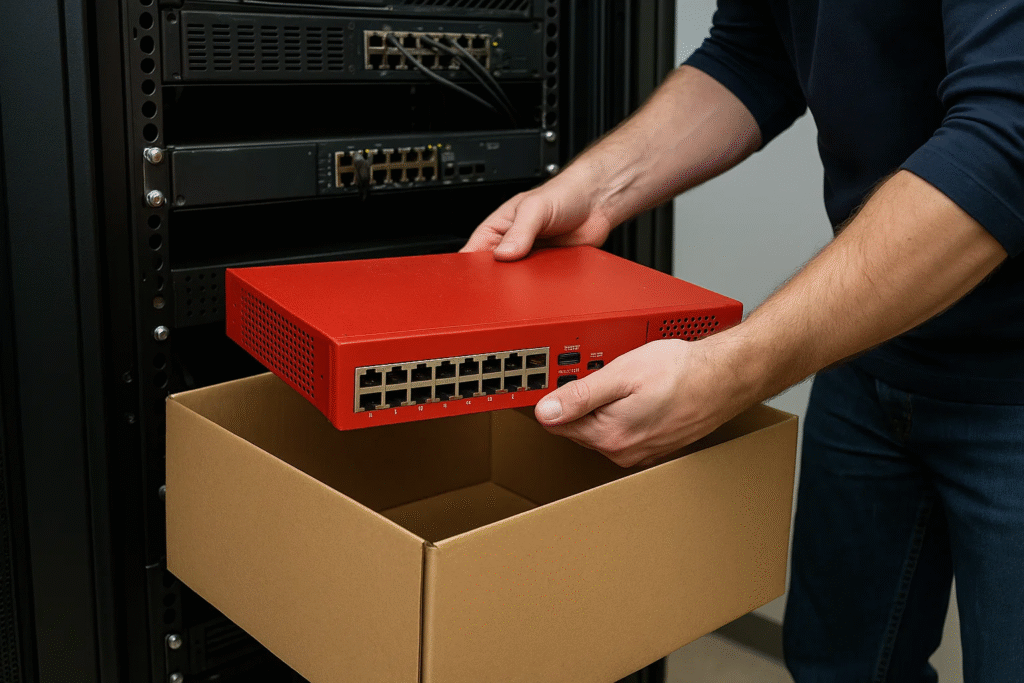 Technician decommissioning an old firewall from a server rack