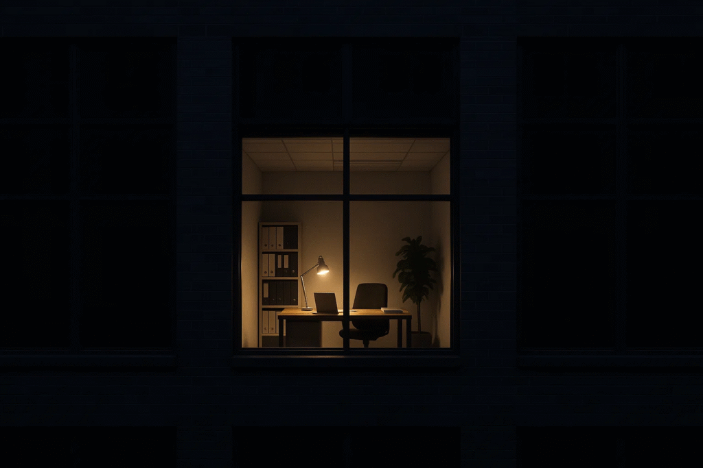 Dark city street with a single lit office window at night