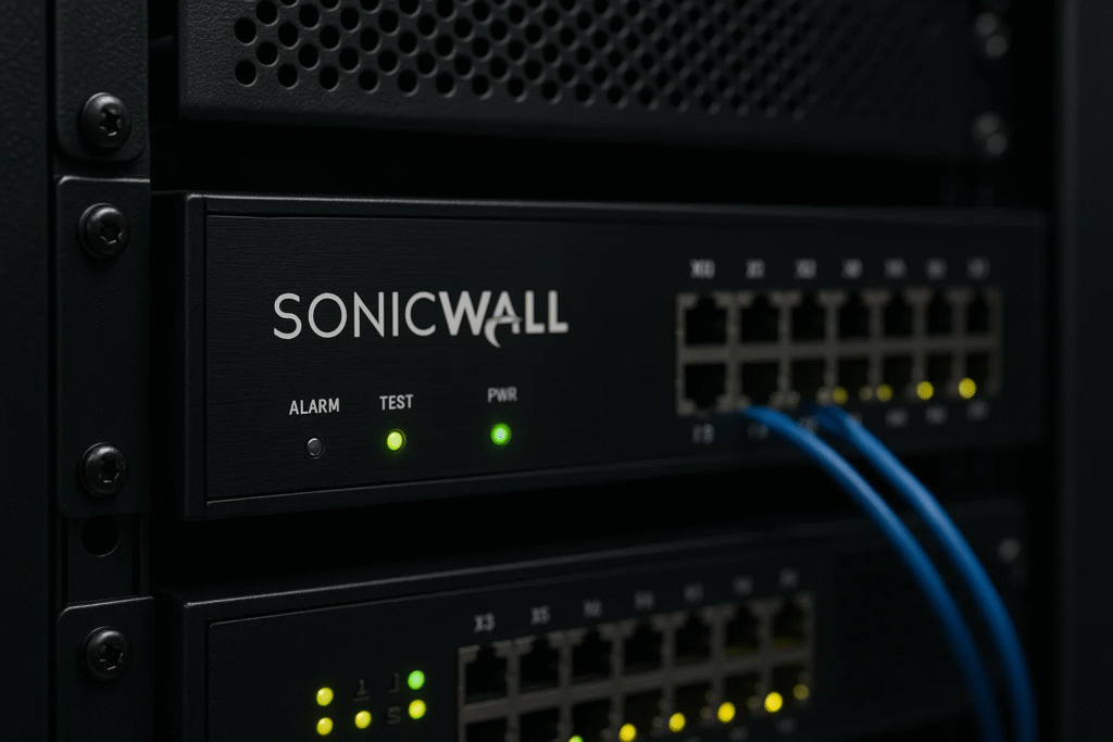 Close-up of a SonicWall firewall in a server rack with status lights on