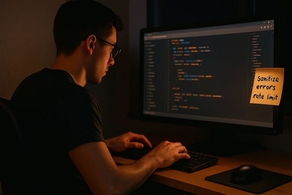 Software developer implementing secure error handling and rate limiting for an API
