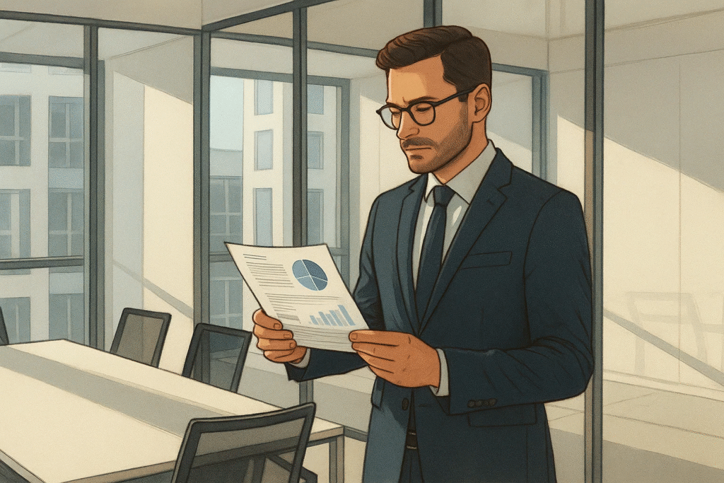 Executive reviewing a one-page dashboard printout in a boardroom
