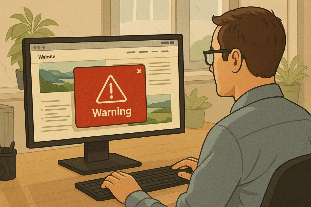 Employee at desk browsing a generic website with a subtle malicious pop-up element