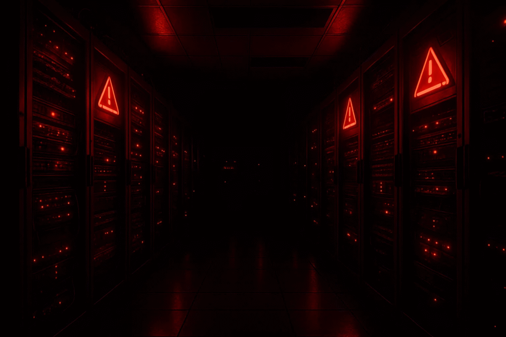 Data centre servers under cyberattack with red alert indicators during a firewall zero-day.