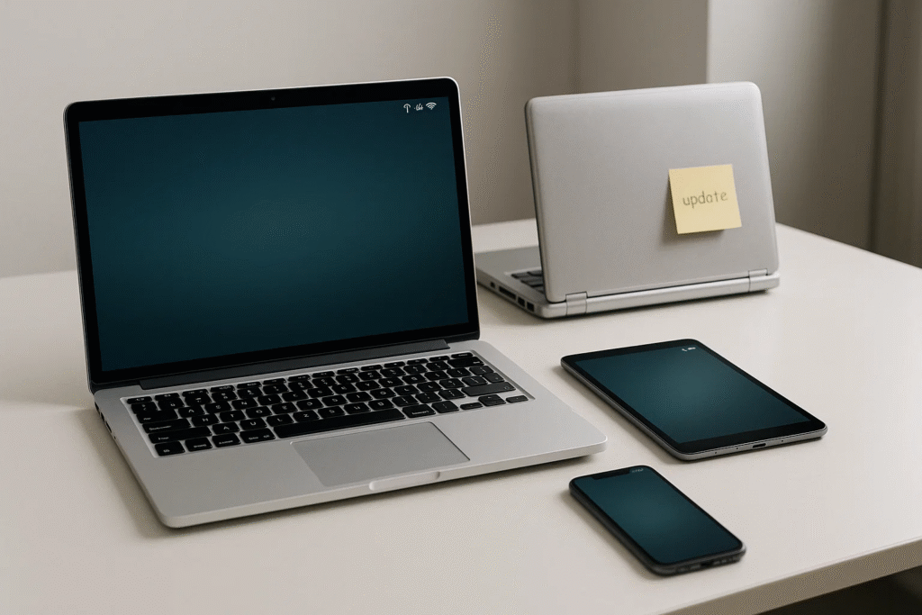 Assorted work and personal devices on a desk, highlighting the need to secure every endpoint.