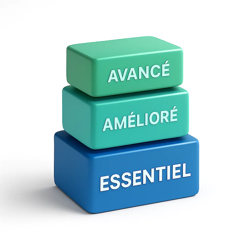 Modèle de défense en strates présentant les niveaux Essentiel, Amélioré et Avancé.