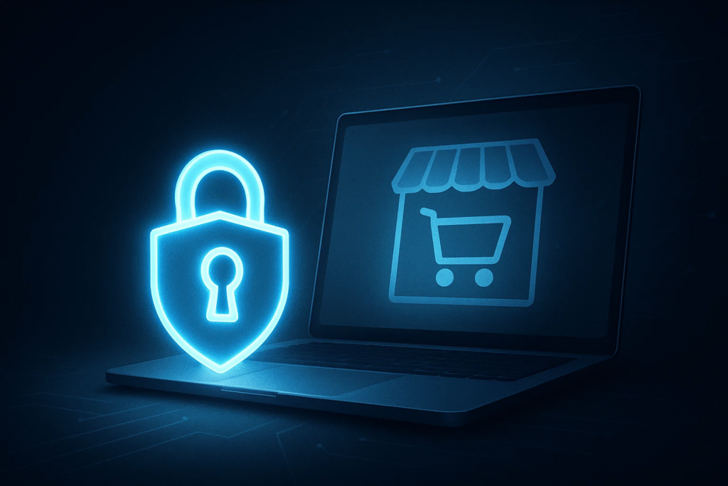 Neon shopping cart icon with a translucent glass shield on a dark gradient background representing MSSP Services.