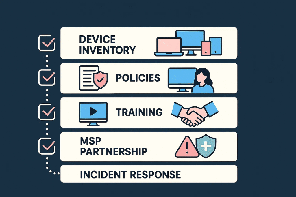 Endpoint security best practices for businesses, including training, policies, and device inventory.