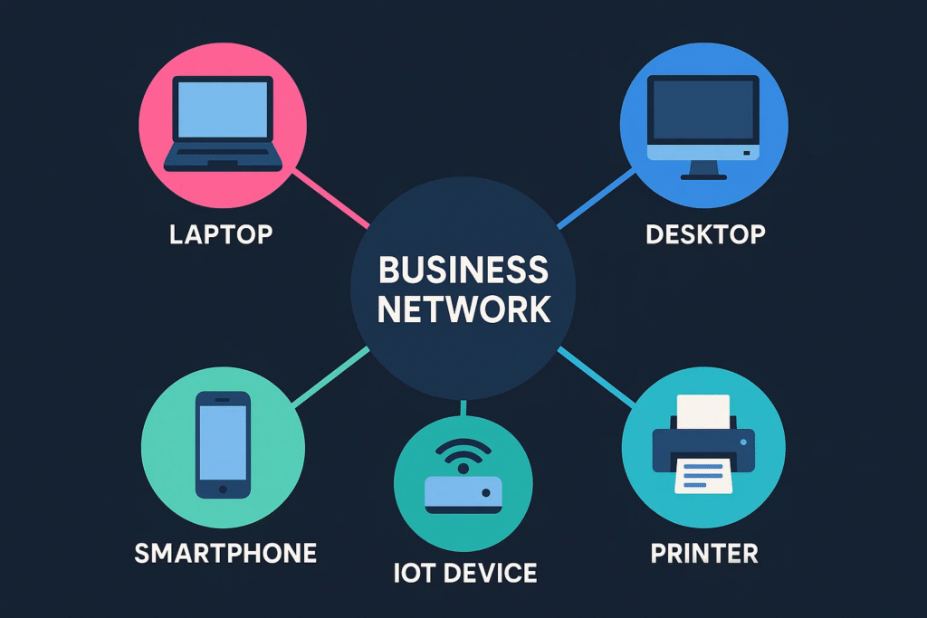 Endpoints in cybersecurity: laptops, phones, and IoT devices connected to a secure business network