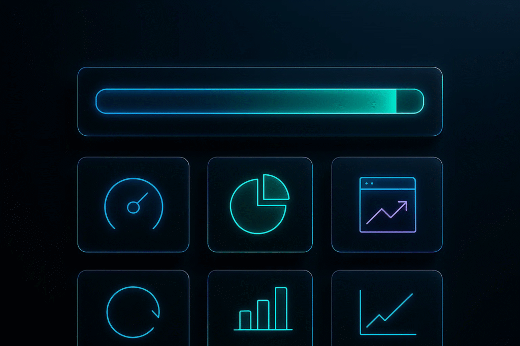 MSP control room dashboard with a horizontal uptime bar and tiles for tickets, patching, and change window on a dark neon background.