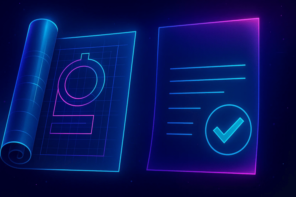 An unrolled blueprint on the left with a document checkmark on the right to represent professional services